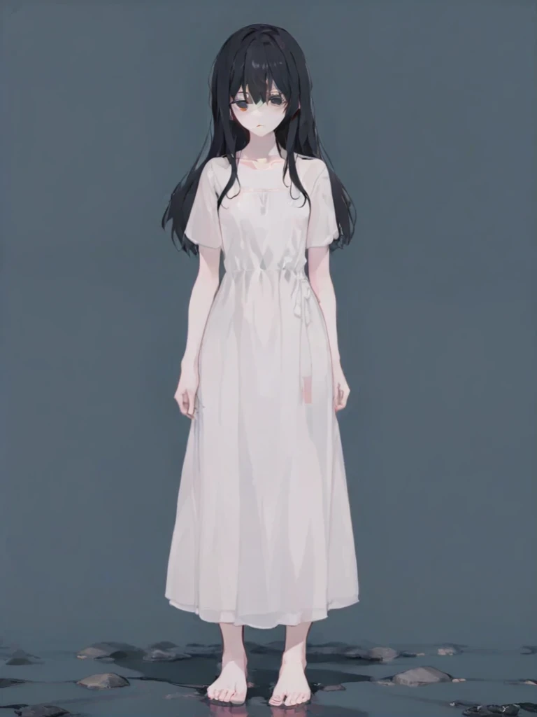 anime girl in white dress standing with feet on the floor, young pale ghost, anime full body illustration, made with anime painter studio, single character full body, full body illustration, full body unique character, Nico usando um vestido branco, waifu de anime fofo em um lindo vestido, personagem de corpo inteiro, modelo de corpo inteiro anime vtuber