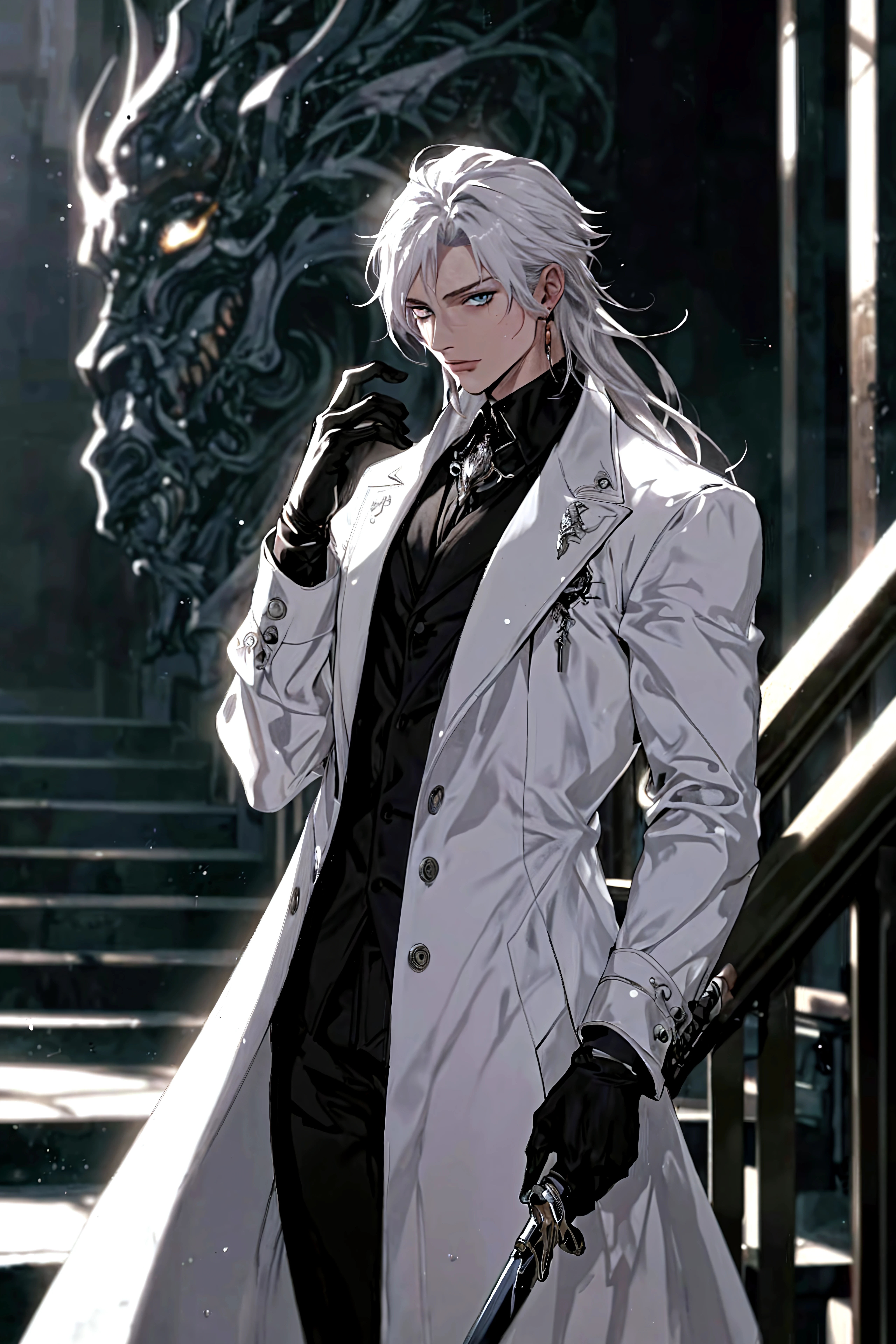 He has long, flowing white hair. His piercing white eyes shine with intensity. Clad in sleek black suit, he exudes an aura of enigma. Towering with an imposing stature and a chiseled physique, he commands attention and respect. He is a Grimreaper by trade.