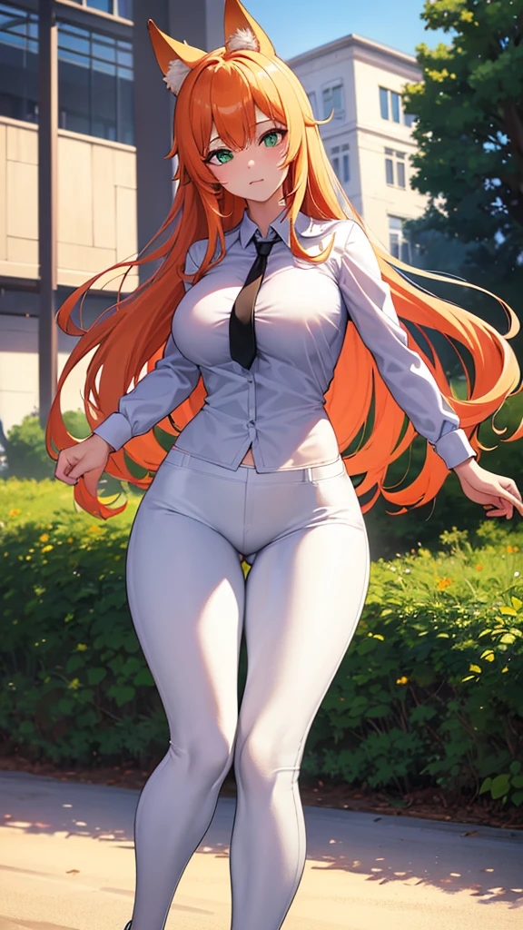 (masterpiece, Best quality), 8K, ultra detailed, realistic photo, Detailed face, perfect lighting, green eyes, bright orange hair, bright hair, fox ears, nice legs, side photo, beautiful, Cute, skin pores, 1 girl, perfect shirt, fully dressed, beautiful women 30 years old, Beautiful proportions, Russian woman, Caucasian, European, Business lady, stunningly beautiful woman, mother, thick legs, show ass, big breasts, (Thin white shirt:1.4), thick, hot, (White Office Wear:1.4), tight pants, (wide hips:1.2), thick, (white Office pants:1.3), spread your legs, Legs open, full length, wide hips, Glasses, with long orange hair, standing on the beach near the ocean, green eyes detailed digital anime art, cat ear, anime girl with long hair, гладкое аниме cg art, anime girl with long hair, digital anime art, work in Guweiz style, Beautiful anime portrait, Photorealistic render of an anime girl, pantyhose, Beautiful anime girl, advanced digital anime art, guweiz на artstation pixiv HD UHD HQ