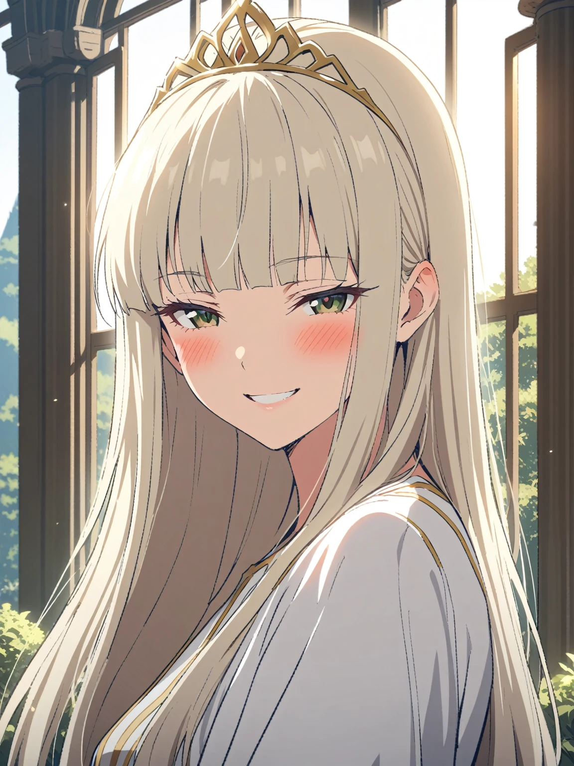 {{portrait, face focus}} {{Artist: Sincos}} 1 woman, solo, mature female, elegant, princess, medium breasts, platinum blonde hair, long hair, straight hair, hime cut, green eyes, white dress, gold trim, tiara, looking at viewer, blush, bright smile, teeth, half-closed eyes, outdoors, garden, palace, sunny, window.
