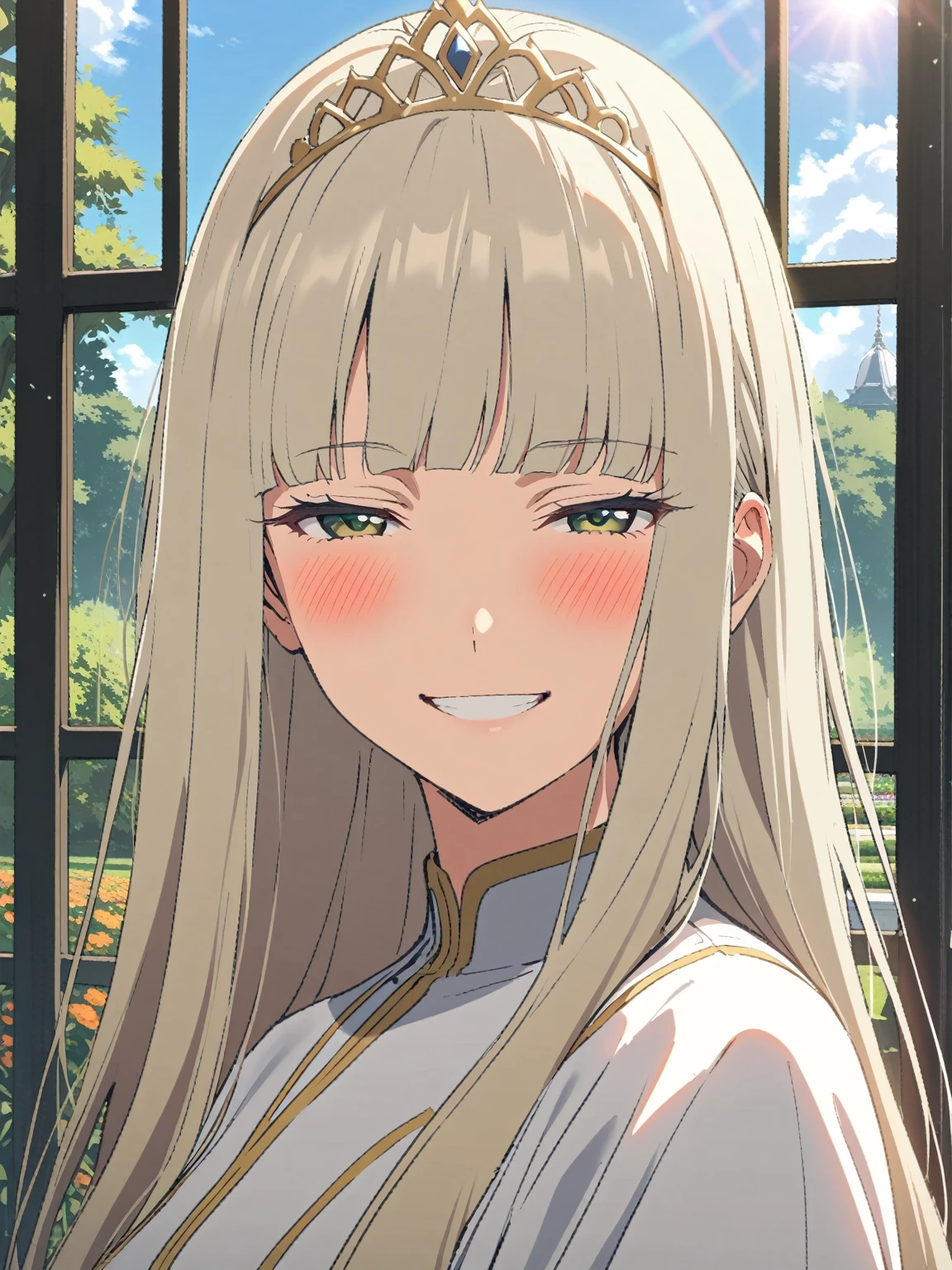 {{portrait, face focus}} {{Artist: Sincos}} 1 woman, solo, mature female, elegant, princess, medium breasts, platinum blonde hair, long hair, straight hair, hime cut, green eyes, white dress, gold trim, tiara, looking at viewer, blush, bright smile, teeth, half-closed eyes, outdoors, garden, palace, sunny, window.