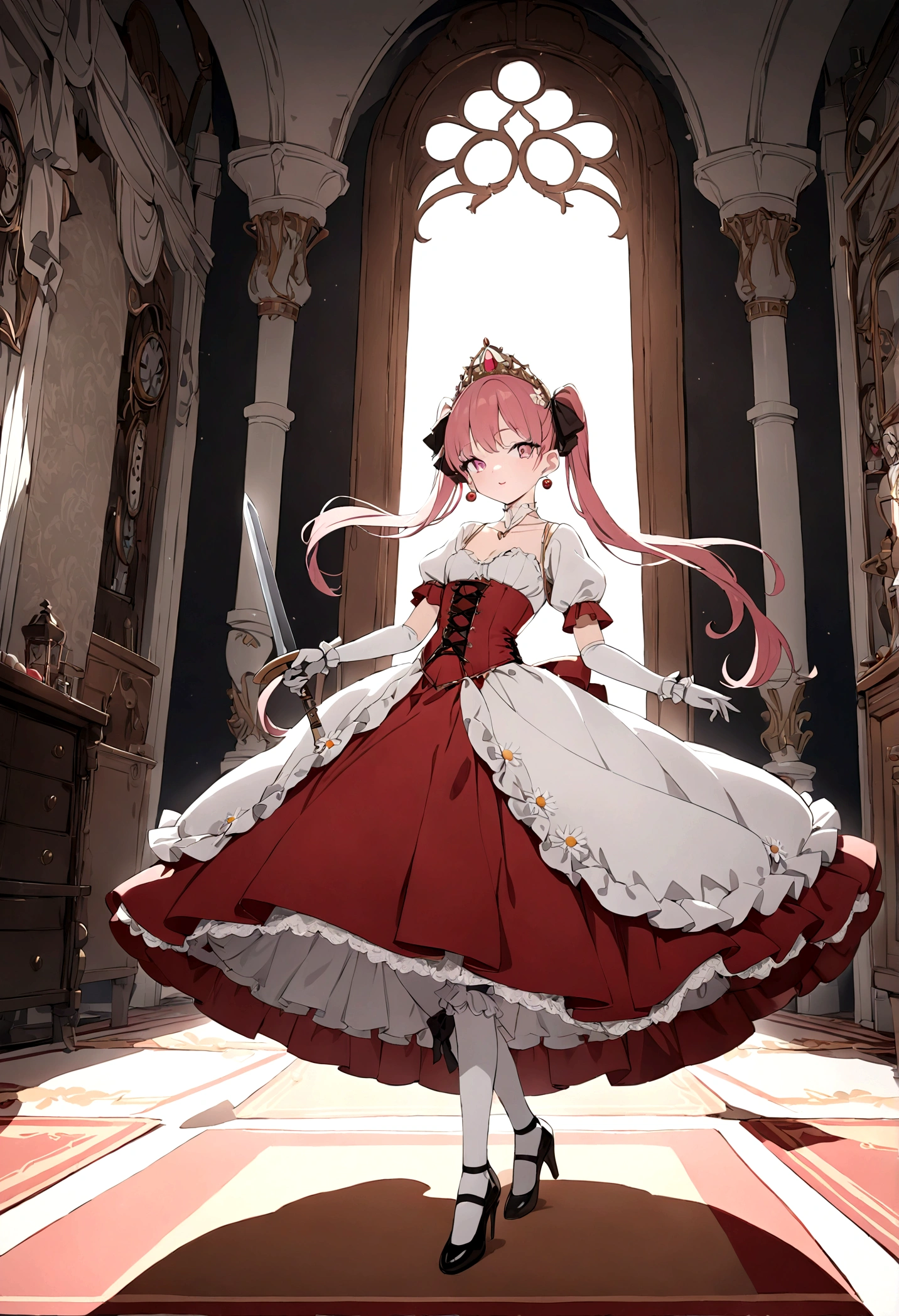 (best quality,4k,8k,highres,masterpiece:1.2),ultra-detailed, Pretty s old princess, drawn in anime style, is cute and happy, long red pigtails hair, pink eyes, small breast, makeup and lipstick, steampunk, red ball gown with puffy sleeves, physically-based rendering,gorgeous frilly dress design,flowing gown,elaborate lace details,rich textures,contrast stitching,delicate ribbon bows,floral accents, daisy flowers embroidery, full skirt,short sleeves,fitted waistline,flared cuffs,lace-up back,luxurious fabrics,flawless silhouette, petticoat, bloomers, bustle, corset, hair ribbons, white elbow gloves, ruby earrings and necklace, gold tiara, high heels, holding a fencing sword, standing in castle bedroom, highly detailed, 4K.
