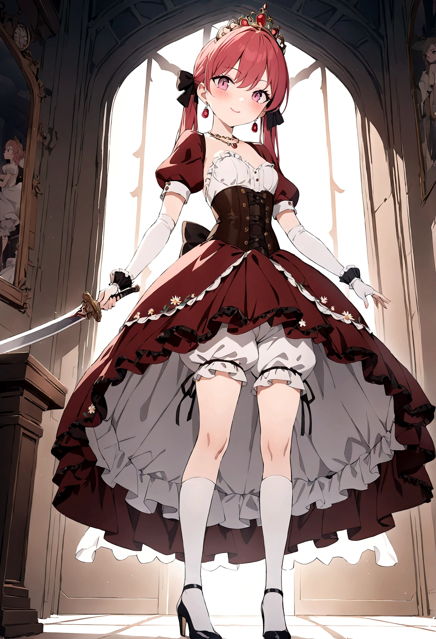 (best quality,4k,8k,highres,masterpiece:1.2),ultra-detailed, Pretty  princess, drawn in anime style, is cute and happy, long red pigtails hair, pink eyes, small breast, makeup and lipstick, steampunk, red ball gown with puffy sleeves, physically-based rendering,gorgeous frilly dress design,flowing gown,elaborate lace details,rich textures,contrast stitching,delicate ribbon bows,floral accents, daisy flowers embroidery, full skirt,short sleeves,fitted waistline,flared cuffs,lace-up back,luxurious fabrics,flawless silhouette, petticoat, bloomers, bustle, corset, hair ribbons, white elbow gloves, ruby earrings and necklace, gold tiara, high heels, holding a fencing sword, standing in castle bedroom, highly detailed, 4K.