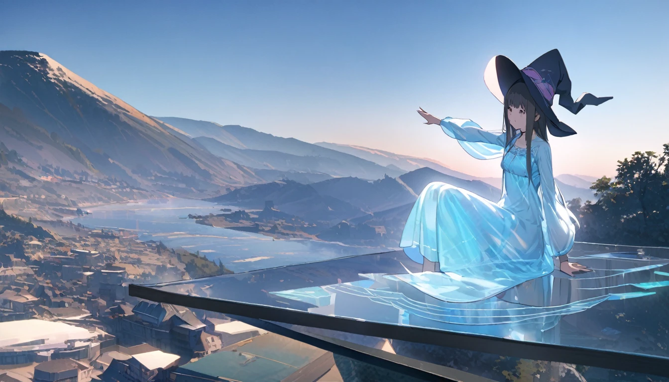 Ray Tracing, Everyone Makoto, One girl, Witch Hat, dress, clean, In the sky, flight, landscape, Sit down to clean,, masterpiece, highest quality, New,holo,1girl,Floating body, solo,loli3,best quality, ultra detailed, highres, 4k, extremely detailed CG, detailed skin,photo background photo \(object\),The holographic figurine of the girl, delicately placed on the table, seems to hover effortlessly in the air, (almost ethereal in its transparency:1.2). Soft, faint shadows dance around her, accentuating the illusion of weightlessness. The hologram emits a subtle, otherworldly glow, reflecting and refracting light in mesmerizing patterns. In front of her, barely perceptible ripples create a sense of depth, enhancing the ethereal quality of the hologram. Despite its transparency, the hologram retains a lifelike quality, evoking a sense of wonder and magic,transparentbody,(Invisible body:1.2),(permeation through the human body:1.2),Blue hologram,(Translucent Blue hologram body:1.2), 