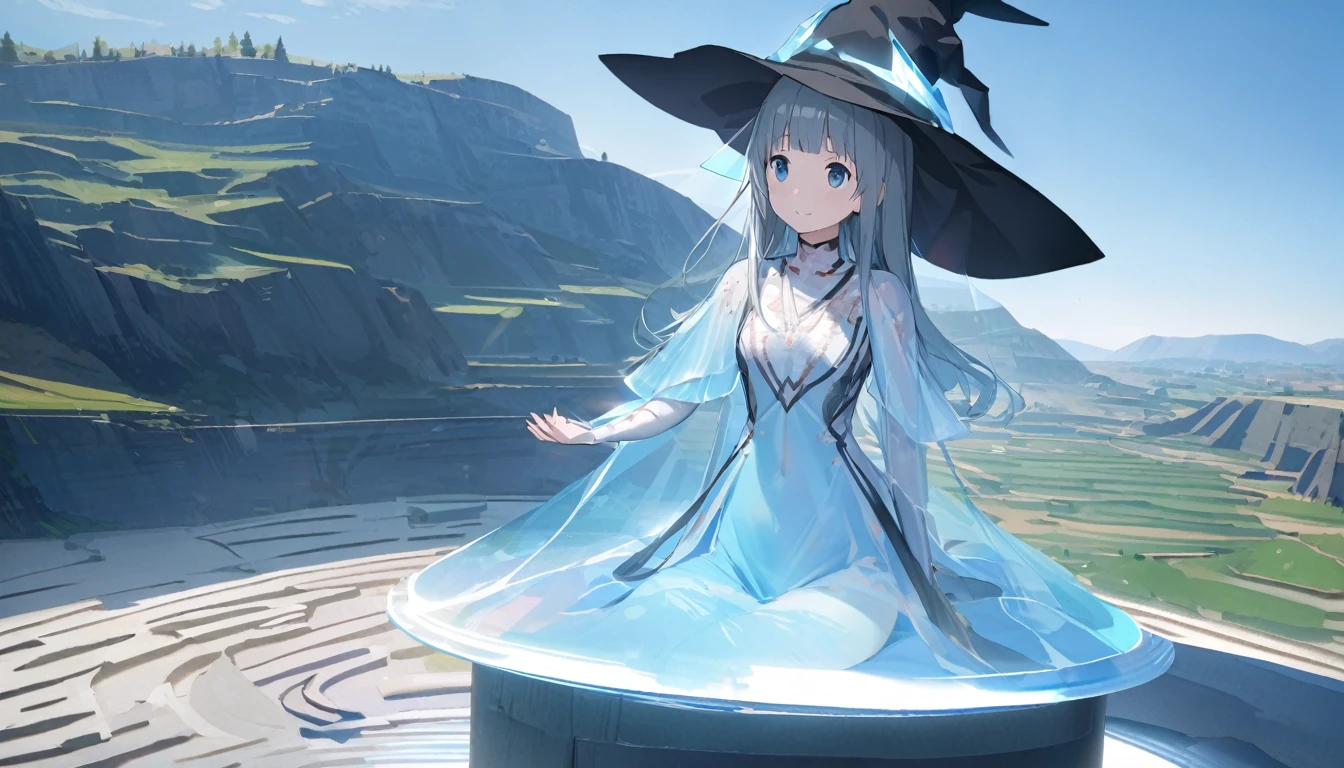 Ray Tracing, Everyone Makoto, One girl, Witch Hat, dress, clean, In the sky, flight, landscape, Sit down to clean,, masterpiece, highest quality, New,holo,1girl,Floating body, solo,****3,best quality, ultra detailed, highres, 4k, extremely detailed CG, detailed skin,photo background photo \(object\),The holographic figurine of the girl, delicately placed on the table, seems to hover effortlessly in the air, (almost ethereal in its transparency:1.2). Soft, faint shadows dance around her, accentuating the illusion of weightlessness. The hologram emits a subtle, otherworldly glow, reflecting and refracting light in mesmerizing patterns. In front of her, barely perceptible ripples create a sense of depth, enhancing the ethereal quality of the hologram. Despite its transparency, the hologram retains a lifelike quality, evoking a sense of wonder and magic,transparentbody,(Invisible body:1.2),(permeation through the human body:1.2),Blue hologram,(Translucent Blue hologram body:1.2), 