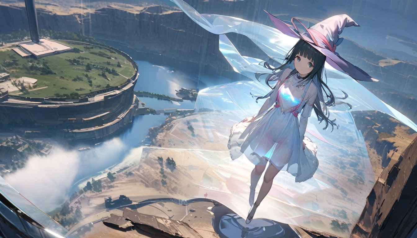 Ray Tracing, Everyone Makoto, One girl, Witch Hat, dress, clean, In the sky, flight, landscape, Sit down to clean,, masterpiece, highest quality, New,holo,1girl,Floating body, solo,loli3,best quality, ultra detailed, highres, 4k, extremely detailed CG, detailed skin,photo background photo \(object\),The holographic figurine of the girl, delicately placed on the table, seems to hover effortlessly in the air, (almost ethereal in its transparency:1.2). Soft, faint shadows dance around her, accentuating the illusion of weightlessness. The hologram emits a subtle, otherworldly glow, reflecting and refracting light in mesmerizing patterns. In front of her, barely perceptible ripples create a sense of depth, enhancing the ethereal quality of the hologram. Despite its transparency, the hologram retains a lifelike quality, evoking a sense of wonder and magic,transparentbody,(Invisible body:1.2),(permeation through the human body:1.2),Blue hologram,(Translucent Blue hologram body:1.2), 