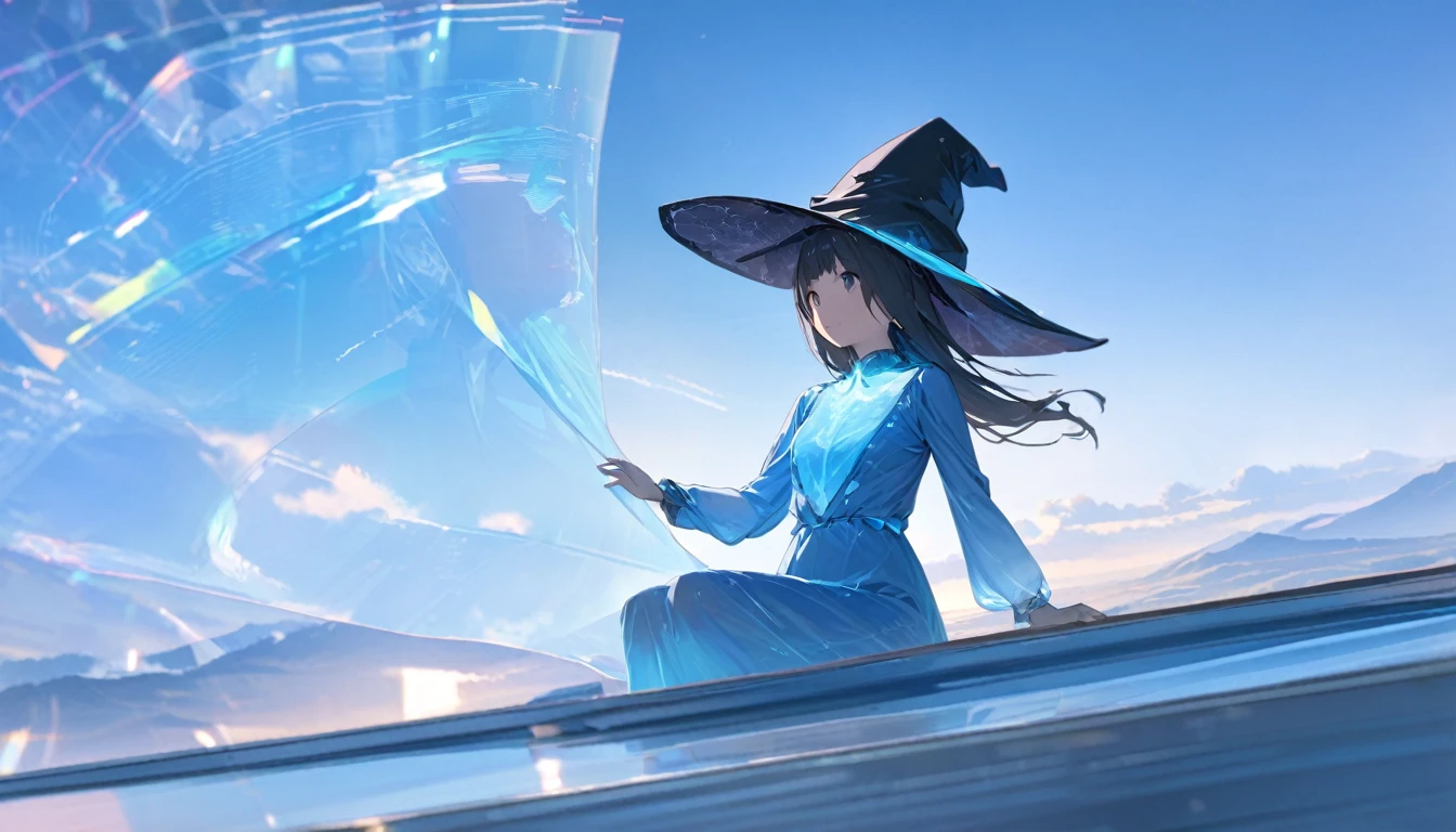 Ray Tracing, Everyone Makoto, One girl, Witch Hat, dress, clean, In the sky, flight, landscape, Sit down to clean,, masterpiece, highest quality, New,holo,1girl,Floating body, solo,****3,best quality, ultra detailed, highres, 4k, extremely detailed CG, detailed skin,photo background photo \(object\),The holographic figurine of the girl, delicately placed on the table, seems to hover effortlessly in the air, (almost ethereal in its transparency:1.2). Soft, faint shadows dance around her, accentuating the illusion of weightlessness. The hologram emits a subtle, otherworldly glow, reflecting and refracting light in mesmerizing patterns. In front of her, barely perceptible ripples create a sense of depth, enhancing the ethereal quality of the hologram. Despite its transparency, the hologram retains a lifelike quality, evoking a sense of wonder and magic,transparentbody,(Invisible body:1.2),(permeation through the human body:1.2),Blue hologram,(Translucent Blue hologram body:1.2), 