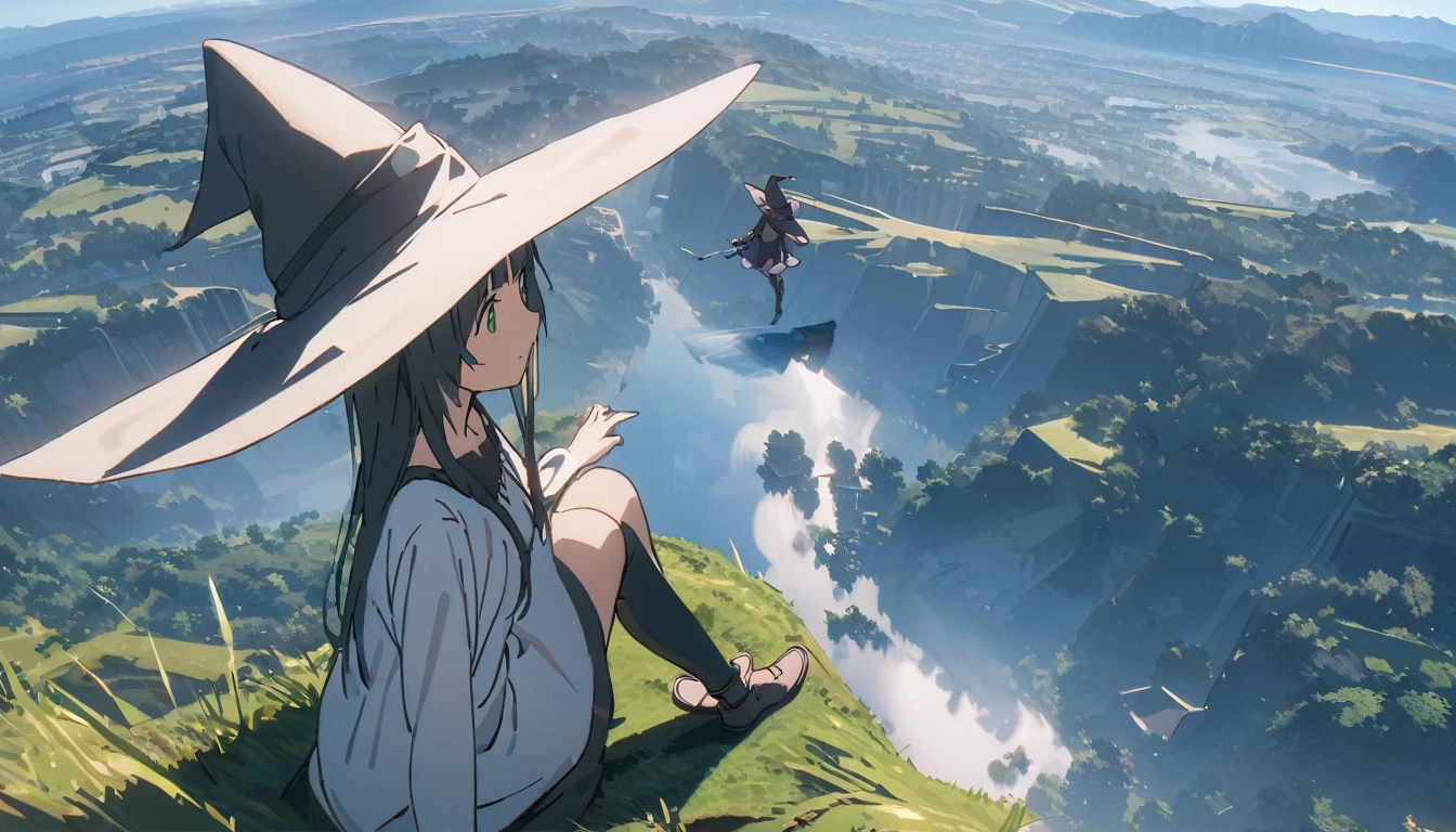 Ray Tracing, Everyone Makoto, One girl, Witch Hat, dress, clean, In the sky, flight, landscape, Sit down to clean,, masterpiece, highest quality, New,