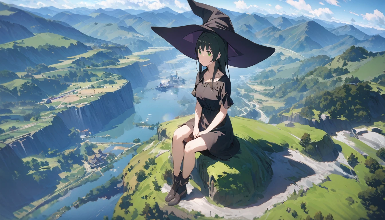 Ray Tracing, Everyone Makoto, One girl, Witch Hat, dress, clean, In the sky, flight, landscape, Sit down to clean,, masterpiece, highest quality, New,