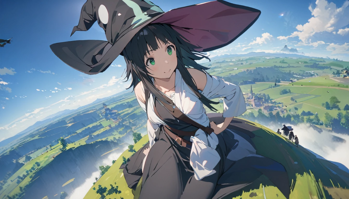 Ray Tracing, Everyone Makoto, One girl, Witch Hat, dress, clean, In the sky, flight, landscape, Sit down to clean,, masterpiece, highest quality, New,