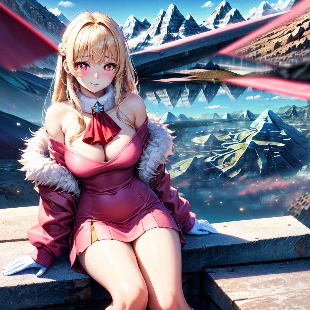 official art, masterpiece, sharp focueautiful gorgeous cute Korean woman:1.3), (beautiful cute korean:1.3), (beautiful and aesthetic:1.4), korean beauty, Delicate and beautiful hair and eyes and face, realistic, ultra detailed, beautiful girl, blue sky, glow white particle, (sidelighting:1.2), sun light, white cloud, detailed clouds, slender, Lovely very large breasts and very large hips,showing pink slip and lovely lips, (((shy and aroused, pink Star-shaped pupils, Red eyes)), (((Cuteness:1.7)), scenery, long straight hair, sexy facial expression, (mountainscape:1.7), dynamic hair, blonde long straight hair, detailed hair, streaked hair, glow pink eyes, sitting elegant near river (shoulder strap+fur coat over an off shoulder sweater+ red Ascot dress+cute pink skirt+princess pink cute collar+ white off shoulder blouse), white long socks, pale skin, epic scenery, hair ornament, Princess white gloves, appealing, (((Seduction:1.3))), air blow blonde long hairs, long black socks, 1 anime girl pretty cute