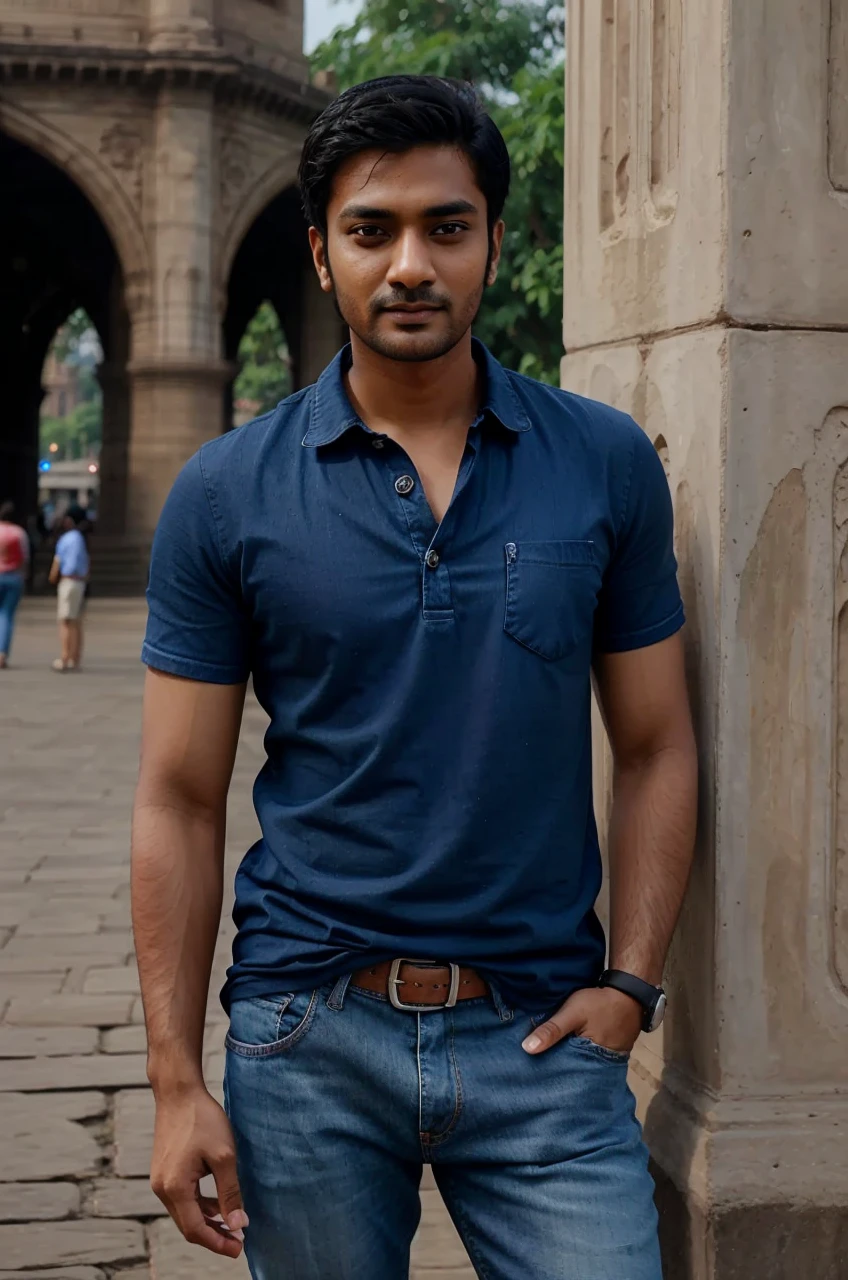 Hot indian realistic guy beautiful face detailed eyes and textured and fair skin looking straight into eyes standing near gateway of india wearing casual shirt and jeans 