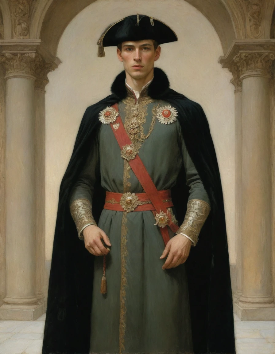 Design me a {{Colossal Masterpiece, high detail}}, a ((((full body portrait, male focus)))), (((by Moebius Jean Giraud))), ((by John William Waterhouse)), (by J. C. Leyendecker), the composition is: (((a very young male nobleman, sullen, facing viewer. He is wearing a fur hat. He is wearing a black Mughal caftan with Praetorian elements, sashes, medals, red diamond pendants)))