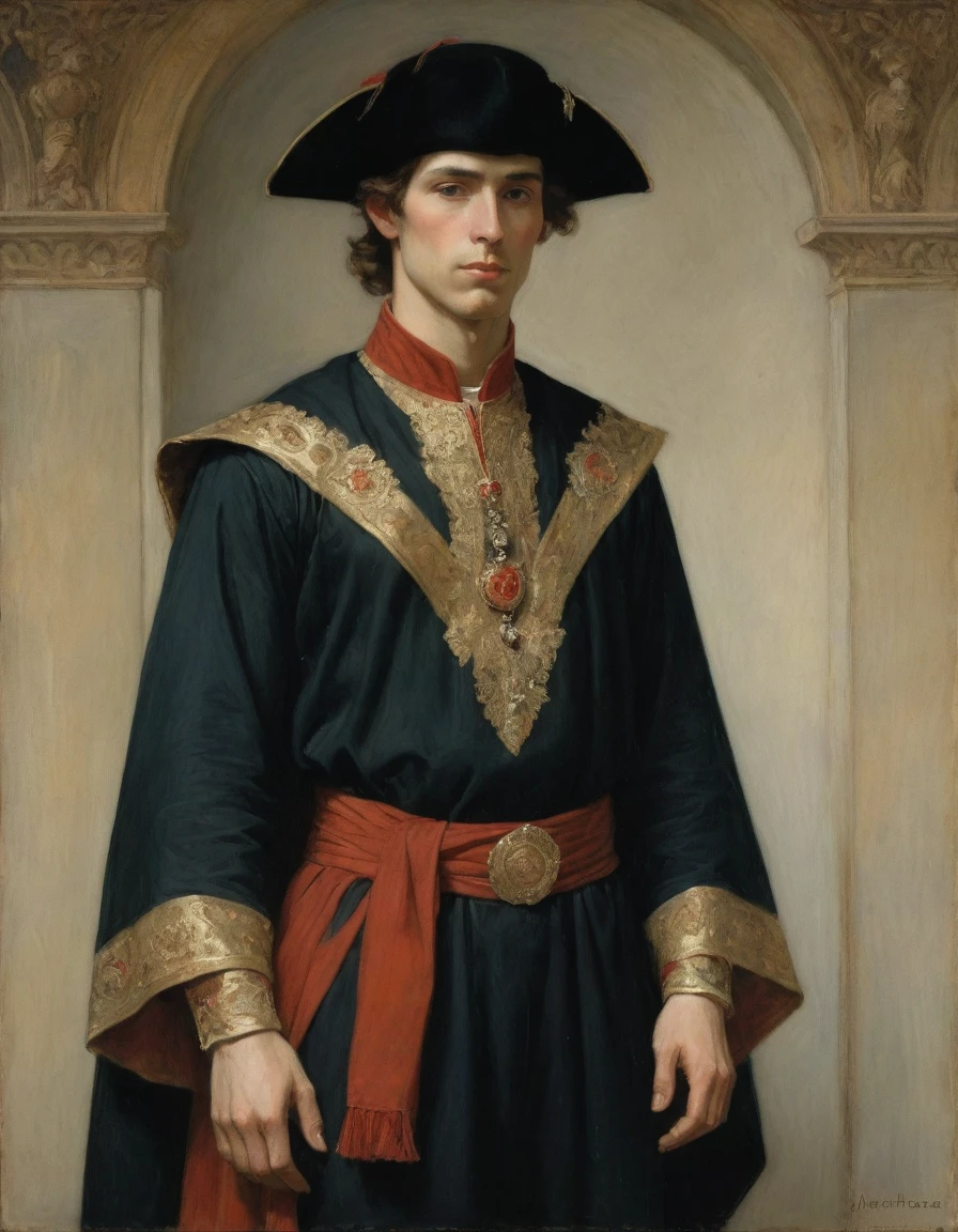 Design me a {{Colossal Masterpiece, high detail}}, a ((((full body portrait, male focus)))), (((by Moebius Jean Giraud))), ((by John William Waterhouse)), (by J. C. Leyendecker), the composition is: (((a very young male nobleman, sullen, facing viewer. He is wearing a fur hat. He is wearing a black Mughal caftan with Praetorian elements, sashes, medals, red diamond pendants)))