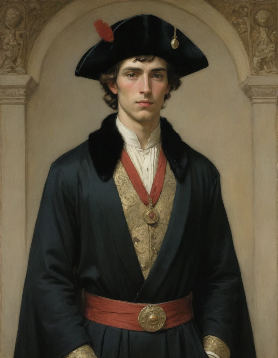 Design me a {{Colossal Masterpiece, high detail}}, a ((((full body portrait, male focus)))), (((by Moebius Jean Giraud))), ((by John William Waterhouse)), (by J. C. Leyendecker), the composition is: (((a very young male nobleman, sullen, facing viewer. He is wearing a fur hat. He is wearing a black Mughal caftan with Praetorian elements, sashes, medals, red diamond pendants)))