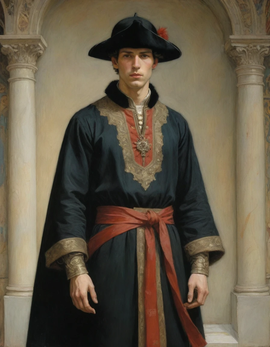 Design me a {{Colossal Masterpiece, high detail}}, a ((((full body portrait, male focus)))), (((by Moebius Jean Giraud))), ((by John William Waterhouse)), (by J. C. Leyendecker), the composition is: (((a very young male nobleman, sullen, facing viewer. He is wearing a fur hat. He is wearing a black Mughal caftan with Praetorian elements, sashes, medals, red diamond pendants)))