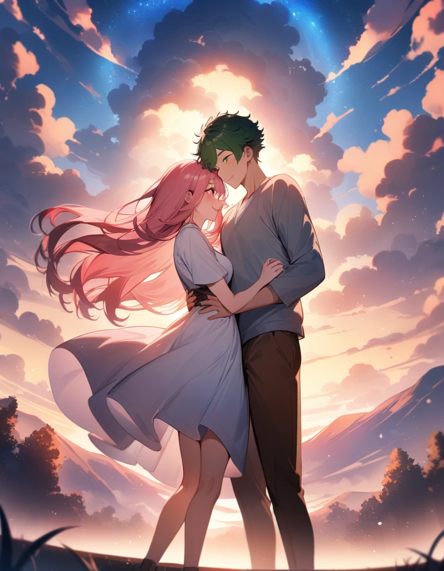 (couple), girl and boy, sky, embrace, happy expression, love, super wide angle, 1girl, (((masterpiece, best quality, scenery, aesthetic, heavenly))), ((girl with red eyes, vibrant pink long hair)), ((intimate)), 1boy, ((boy with green eyes, short black curly hair, slightly taller))
