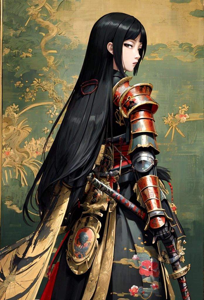 a picture of Japanese female knight, she has long black hair, wearing samurai armor, armed with a katana, ready for battle, ((shot taken from the back)), Japanese fantasy art, (Masterpiece: 1.5), 16k, highres, best quality, high details, ultra detailed, masterpiece, best quality, (extremely detailed), arafed, dnd art