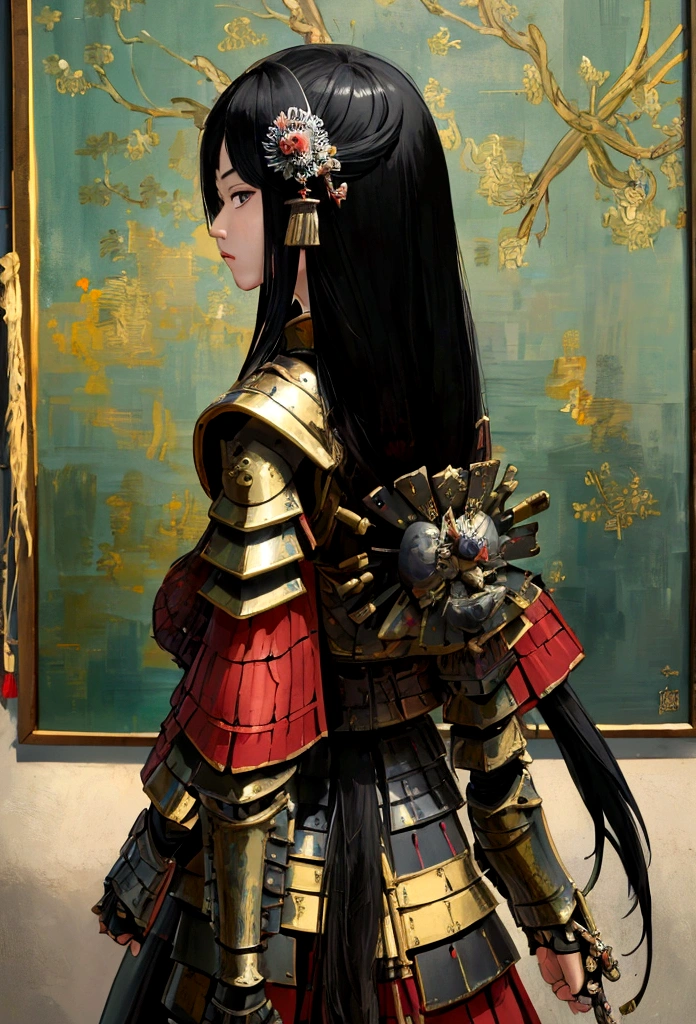 a picture of Japanese female knight, she has long black hair, wearing samurai armor, armed with a katana, ready for battle, ((shot taken from the back)), Japanese fantasy art, (Masterpiece: 1.5), 16k, highres, best quality, high details, ultra detailed, masterpiece, best quality, (extremely detailed), arafed, dnd art