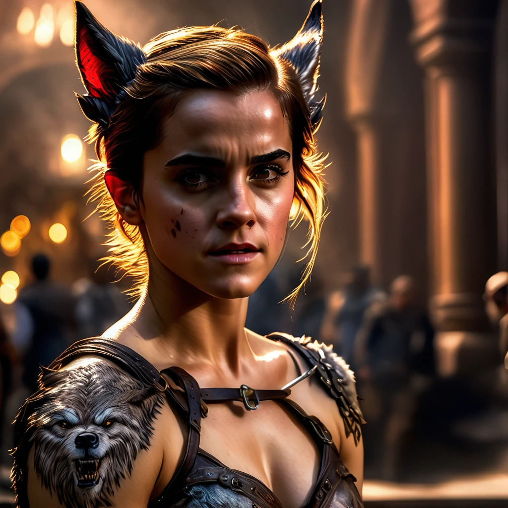 4k highly detailed realistic digital extremely high quality RAW photograph, a portrait photo of Emma Watson that lived with wolves her whole life is now leading them to battle. torn clothes exposing (nude:1.4) body, armored pauldrons, fangs, curled horns, big breasts, ((snow and blood)), ((wolf tattoos)), epic, hyperrealistic, hyperrealism, 8k, cinematic lighting, greg rutkowski, wlop, (f1.8 short focus bokeh)