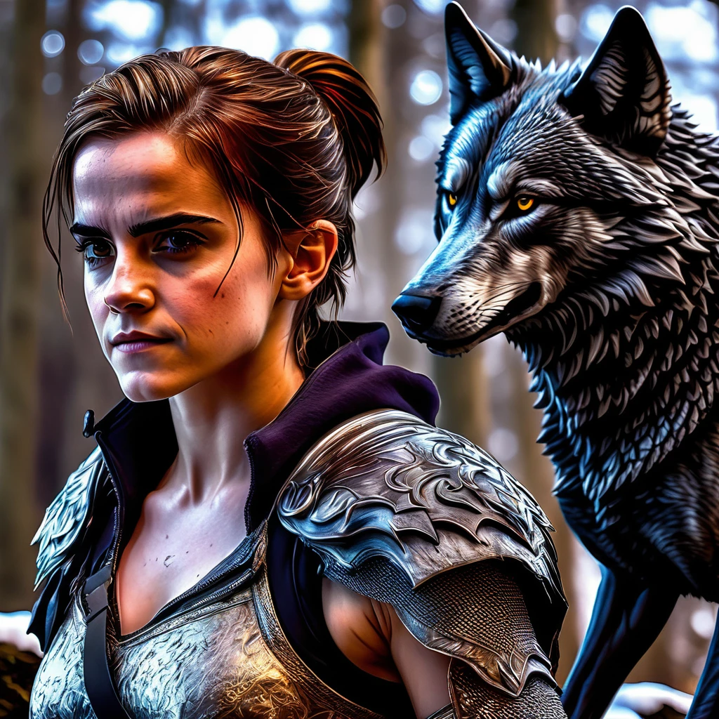 4k highly detailed realistic digital extremely high quality RAW photograph, a portrait photo of Emma Watson that lived with wolves her whole life is now leading them to battle. torn clothes exposing (nude:1.4) body, armored pauldrons, fangs, curled horns, big breasts, ((snow and blood)), ((wolf tattoos)), epic, hyperrealistic, hyperrealism, 8k, cinematic lighting, greg rutkowski, wlop, (f1.8 short focus bokeh)