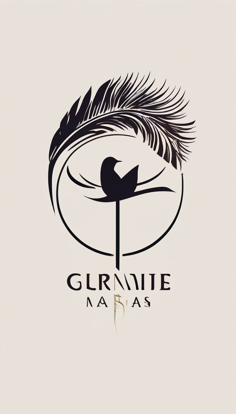 Create a cinematic, abstract symbol for a film production company based on stories and music. The logo should represent the companionship between a boy musician, A Storyteller Fantasy Bird and a Dreamy Feather. Minimalist symbol design