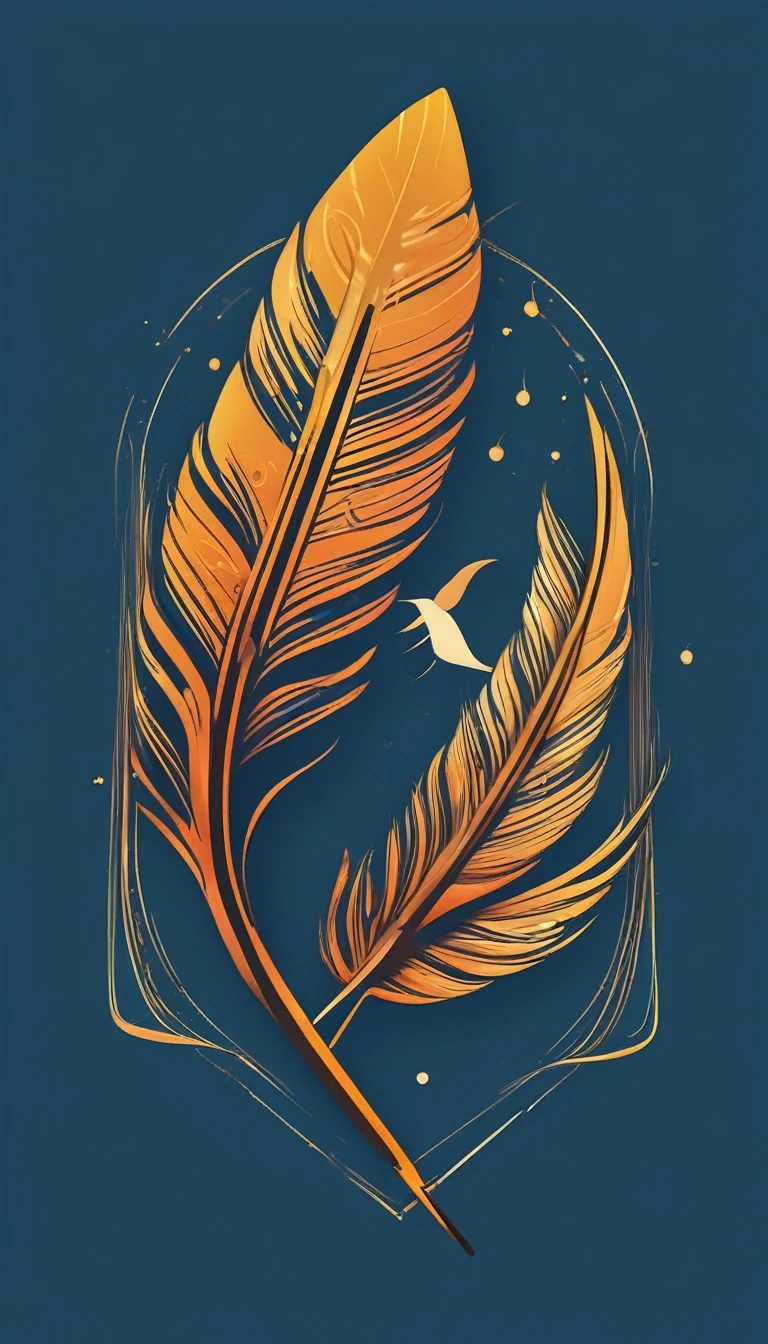 Create a cinematic, abstract symbol for a film production company based on stories and music. The logo should represent the companionship between a boy musician, A Storyteller Fantasy Bird and a Dreamy Feather. Minimalist symbol design