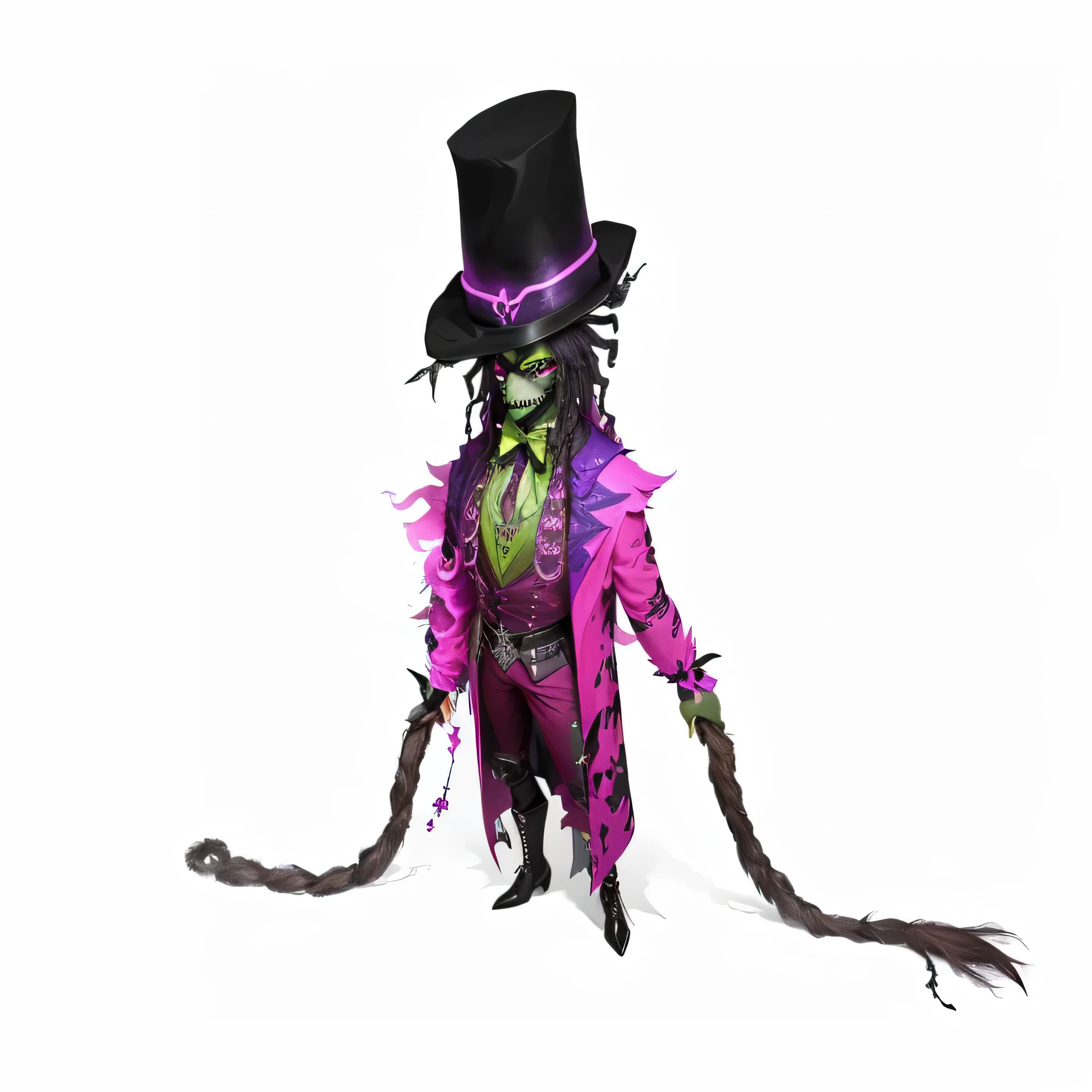 Araffe vestida com cartola e fantasia com vestido roxo, Kermit dressed as a mortician, Chapeleiro Sinistro, espantalho masculino poderoso, muscular and otherworldly watch, witch - doctor, nightmare rendering, personagem de antasia, sobrenatural muscular colorido, personagem bruxa negra, Shaco do League of Legends, o Chapeleiro Maluco, Voodoo tem