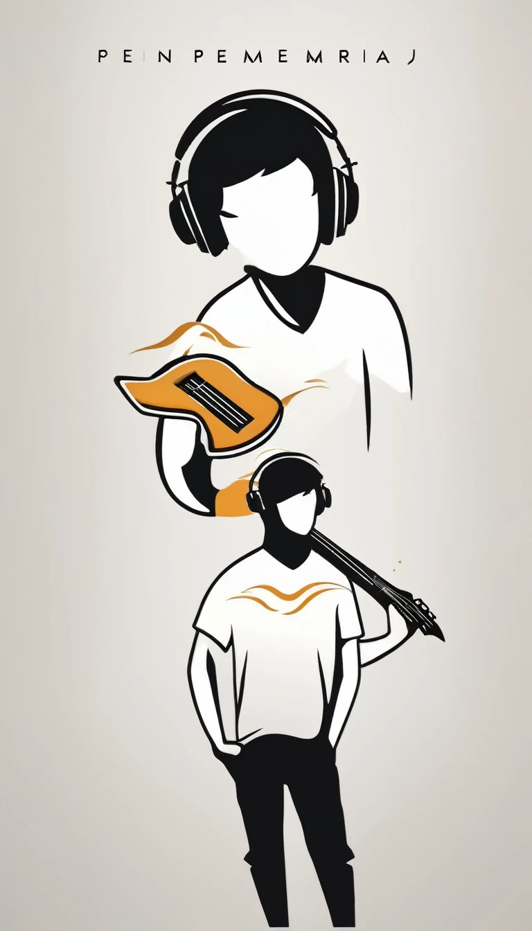 Create a modern, minimalistic logo design for a brand about music and movies called " PENAMEMORIA" . The logo must be in minimalistic style and convey a sense of storytelling. The logo is a simple silhouette of a boy happily running with open arms and holding an acoustic guitar in his right hand. The boy is playing with a bird and a feather. Modern logo, unique, creative, fantastic, impressed on a white- shirt. Logo design with light colors
