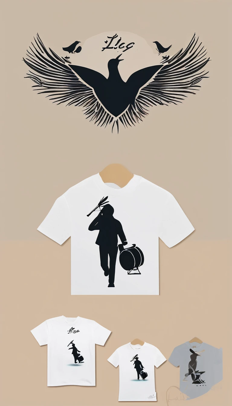 Create a modern, minimalistic logo design for a brand about music and movies called " PENAMEMORIA" . The logo must be in minimalistic style and convey a sense of storytelling. The logo is a simple silhouette of a boy happily running with open arms and holding an acoustic guitar in his right hand. The boy is playing with a bird and a feather. Modern logo, unique, creative, fantastic, impressed on a white- shirt. Logo design with light colors
