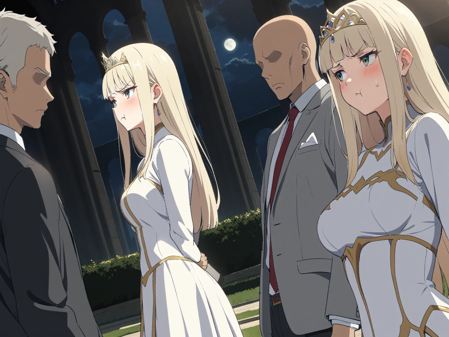 {{portrait, dutch angle}} {{Artist: Sincos}} 1 woman, 2 guards on either side restraining her, 2 men wearing armor, mature female, elegant, princess, medium breasts, straight hair, platinum blonde hair, long hair, hime cut, green eyes, white dress, gold trim, tiara, looking to side, pout, restrained by two men, faceless male, outdoors, garden, palace, cloudy, moonlight, window.
