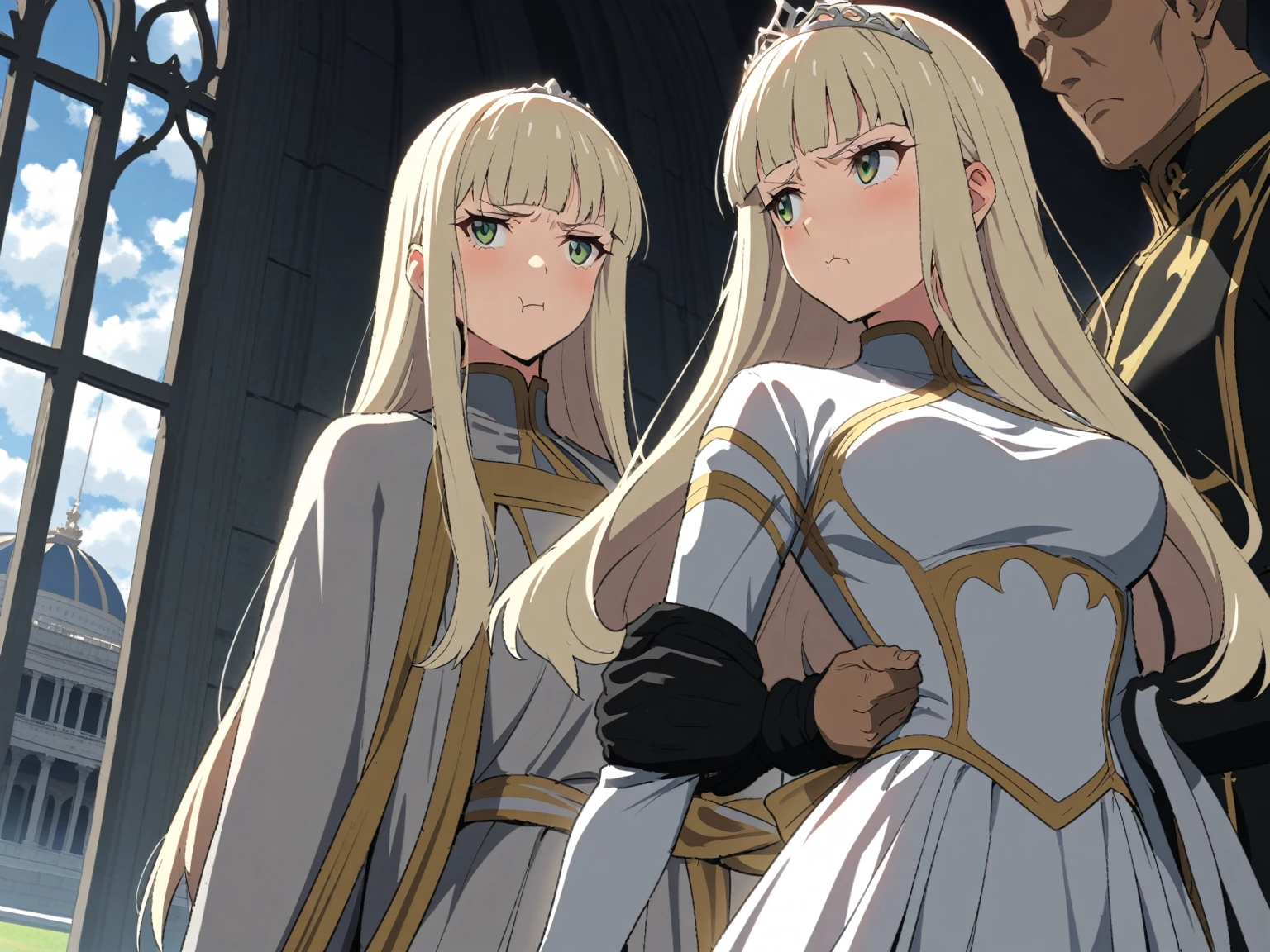 {{portrait, dutch angle}} {{Artist: Sincos}} 1 woman, 2 guards on either side restraining her, 2 men wearing armor, mature female, elegant, princess, medium breasts, straight hair, platinum blonde hair, long hair, hime cut, green eyes, white dress, gold trim, tiara, looking to side, pout, restrained by two men, faceless male, outdoors, garden, palace, cloudy, moonlight, window.
