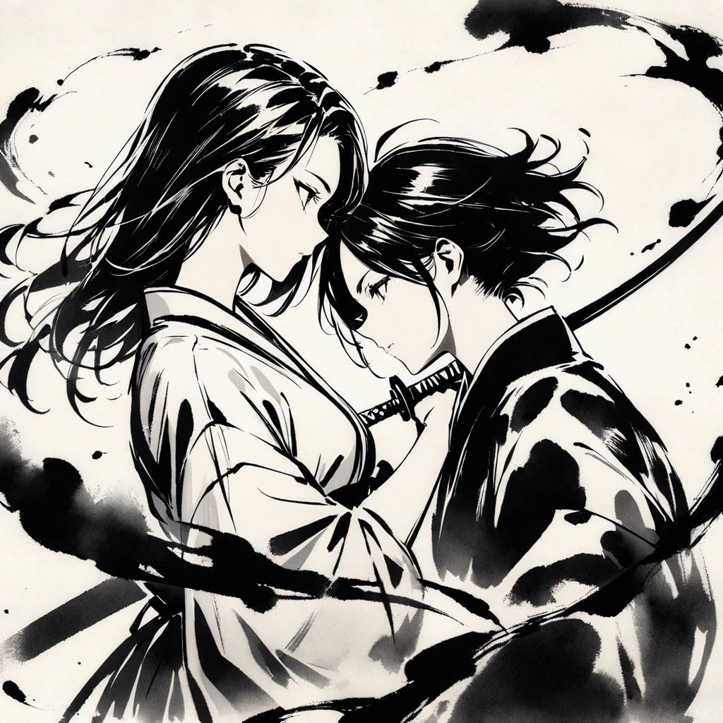 Top quality, masterpiece, beautiful girl, samurai, ink painting, profile, two people facing each other, holding swords, crossing each other

￼


