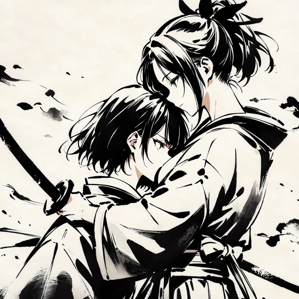 Top quality, masterpiece, beautiful girl, samurai, ink painting, profile, two people facing each other, holding swords, crossing each other

￼


