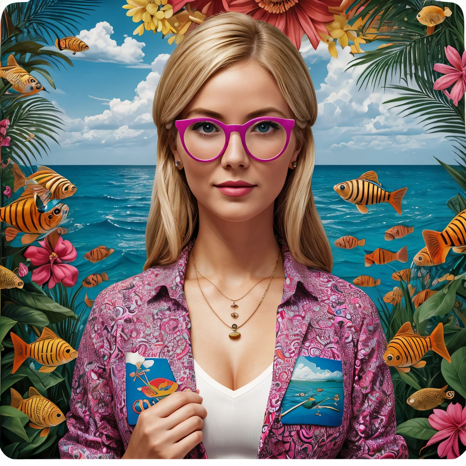 ((detailed, high quality, masterpiece, well-written details)), a blonde woman of 30 years old, ((against the background of the ocean, a lot of guppy fish)), in a bright jacket, double-breasted with wide lapels, with a pendant in the form of a fly, a shirt with a narrow stripe of white and sky blue colors, round glasses Fuchsia maxi colors, with a pop art painting by Annabel Kidston, winner of the behance competition, "naive art", "maximalism", "fauvism", "pop art".