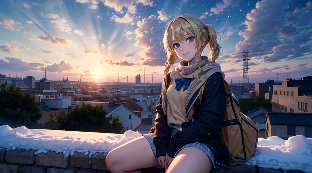fullnude, masutepiece,8K,octans, Skysky, stele(Skysky), landscapes, starrysky, natta, looks at the camera, (Legs without stockings:1.iercing gaze, nigh sky, report, plein air, built, clouds, milkyway, City, silhuette, Cityscape,(Short, Low twin-tailed blonde hair:1.2), (Deep Blue Eyes:1.3, piercing gaze, small smile, (winter school uniform:1.1)