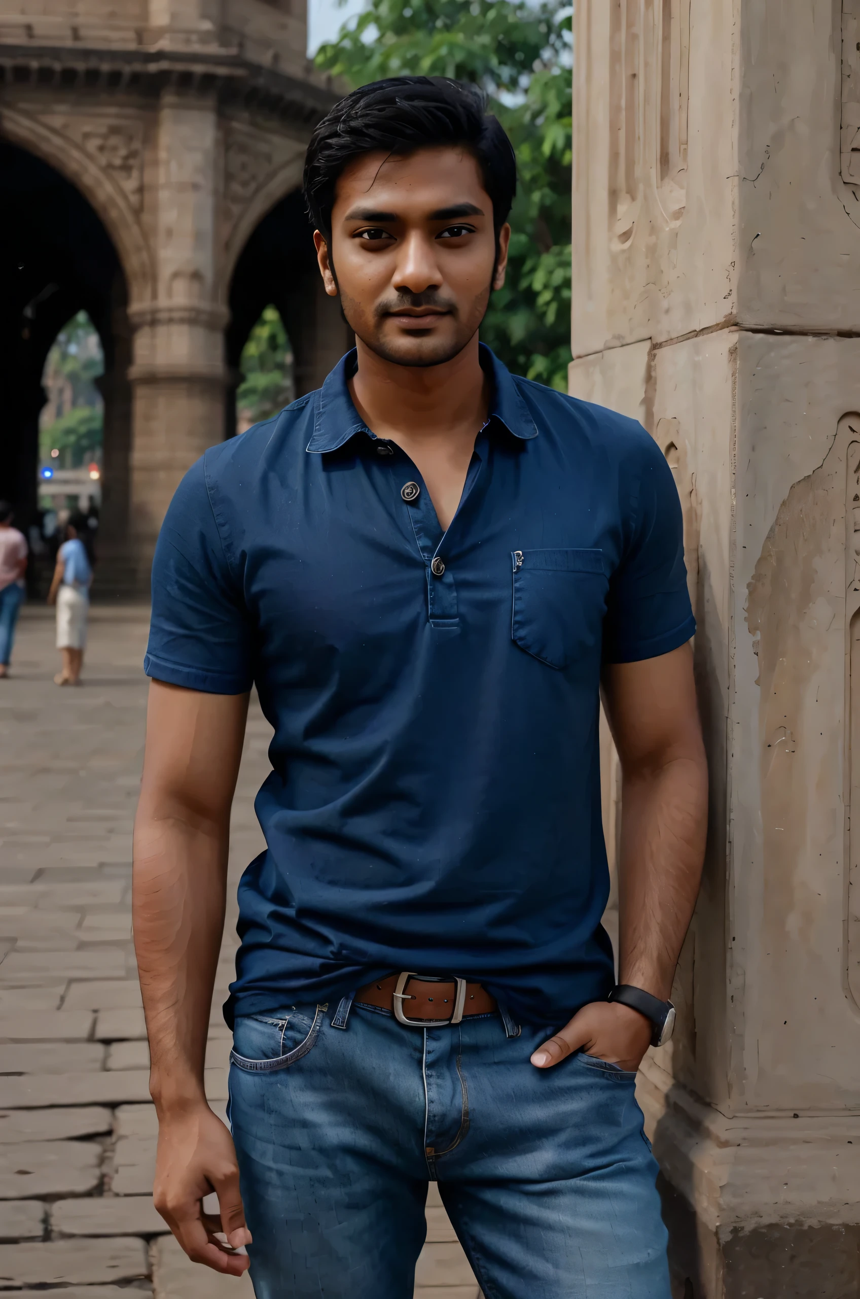 Hot indian realistic guy beautiful face detailed eyes and textured and fair skin looking straight into eyes standing near gateway of india wearing casual shirt and jeans