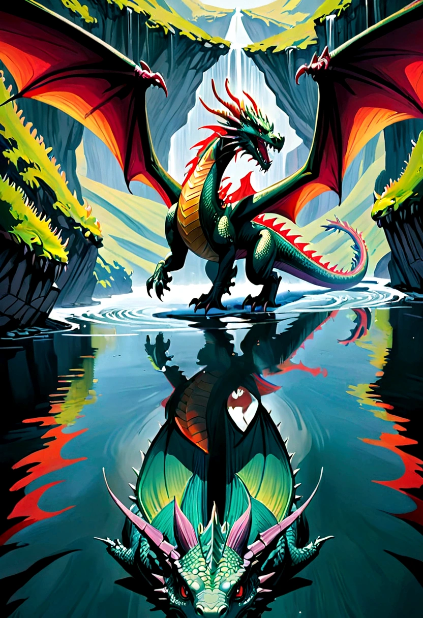 ((picture taken from the back of dragon: 1.5)), digital art, arafed, a picture of a dragon flying above a river, its shadow is cast on the water dragon wings spread wide, dynamic color dragon, you see the back of the dragon, its majestic wings, its tail and river it is flying above, the shadow of dragon in the river, , Wide-Angle, Ultra-Wide Angle, dynamic light, Cinematic Hollywood Film style