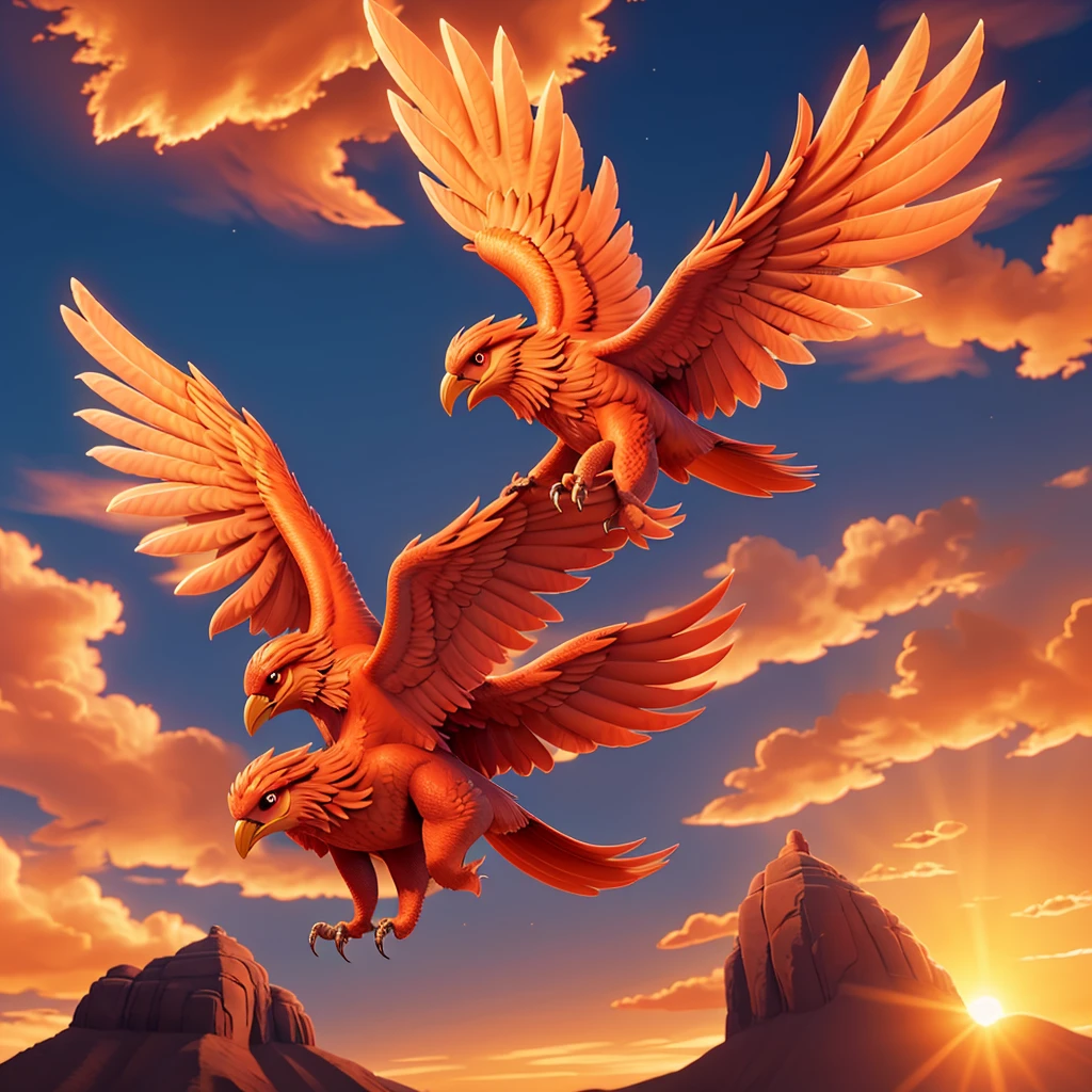 A majestic phoenix in flight, com penas vibrantes. Phoenix flames must radiate energy and determination. The background could be an orange sky with the rising sun, symbolizing rebirth and overcoming.
