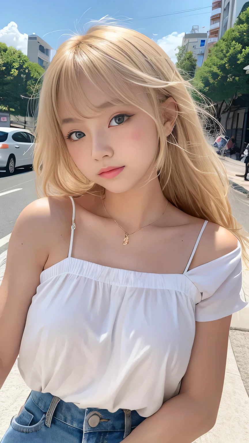 Sunburn marks on tanned skin、Bright blonde hair,A cute 20-year-old girl with a cute look, A strong wind blows my hair in front of my face、beautiful short blonde hair、beautiful, Cute eyes hidden by long bangs、Yawn、No visible nasolabial folds、