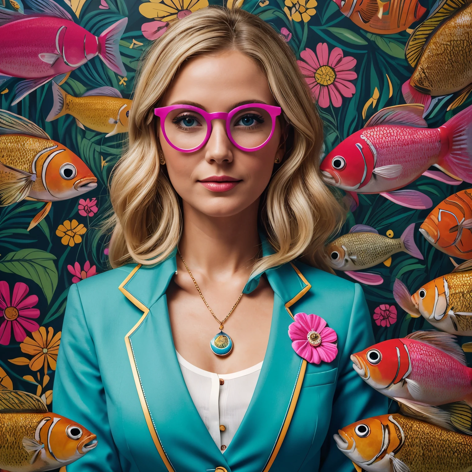 ((detailed, high quality, masterpiece, well-written details)), a blonde woman of 30 years old, ((against the background of the ocean, a lot of guppy fish)), in a bright jacket, double-breasted with wide lapels, with a pendant in the form of a fly, a shirt with a narrow stripe of white and sky blue colors, round glasses Fuchsia maxi colors, with a pop art painting by Annabel Kidston, winner of the behance competition, "naive art", "maximalism", "fauvism", "pop art".