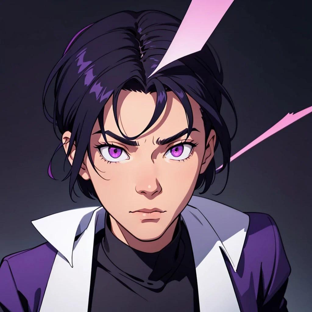 short black hair, highres, high resolution, masterpiece, wide purple eyes, talking, stoic, confident, masterpiece, best quality, highres, 1 man, Ghetto Suguru jujutsu kaisen, quiff haircut, straight hair, black hair, short hair, teenager, colorful hair, light background, full body, teenager, colorful parts, symbols, dark , bold, realistic mixing dark lines and loose lines, bold lines, on paper, human man, full body, intimidating pose, stylish outfit, dark theme, beautiful, pretty, modest, standing, male, sharp chin, high cheekbones, white background, highres, high resolution, masterpiece, focus on face