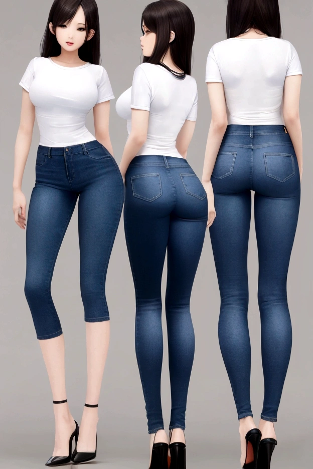 (Multiple views: 1.2), (Full body from the front: 1.5), (Full body from the back: 1.1), plane T-Shirts、jeans、High heels、