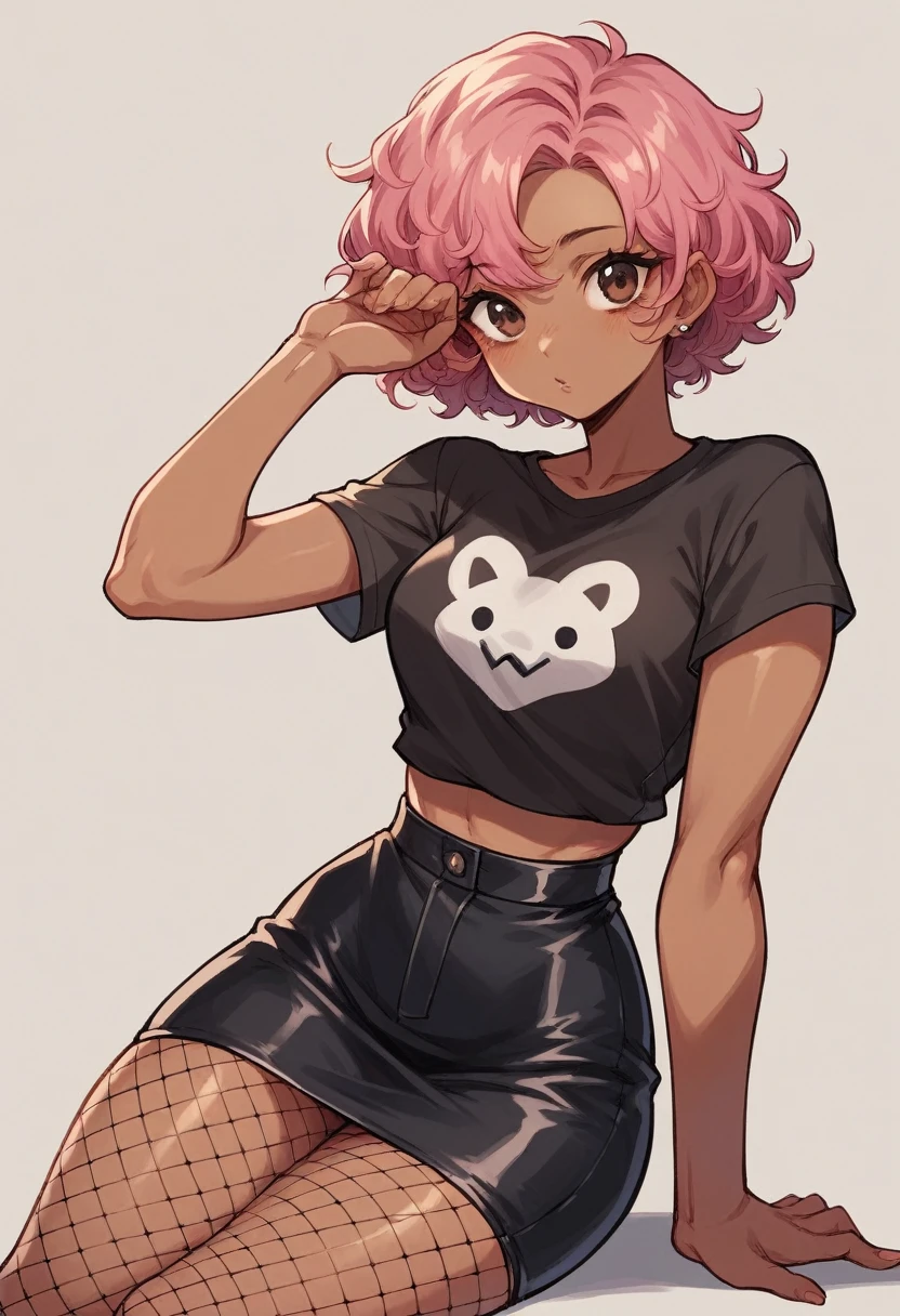 cute girl much lighter skin that brown skin brown eyes pink hair short hair curly hair black skirt black t-shirt thin waist medium hips fishnet tights