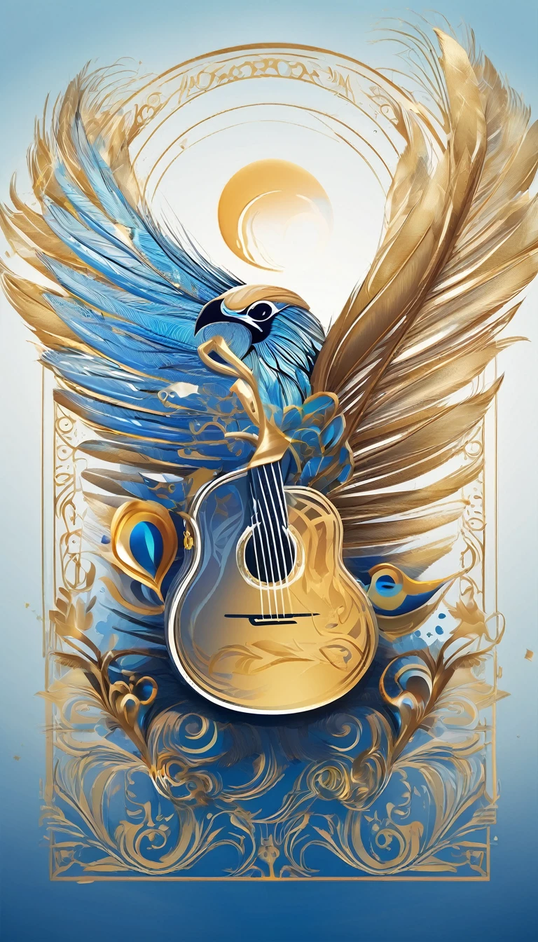Create a flat vector, illustrative-style wordmark logo design for a storytelling and musical brand named 'Penamemoria'. The 'M' in 'Penamemoria' is transformed into a stylized feather, suggesting the brand's inspiration from fantasy birds. Use shades of blue, white and gold, evoking the imaginary and golden memories against a white background. Do not show any realistic photo detail shading. Include a boy playing acoustic guitar and a fantasy, unique feather by his side. Create a modern, logo that convey a sense of storytelling, dreaming and stories and the inspiration between a boy, with his acoustic guitar and a unique, special feather