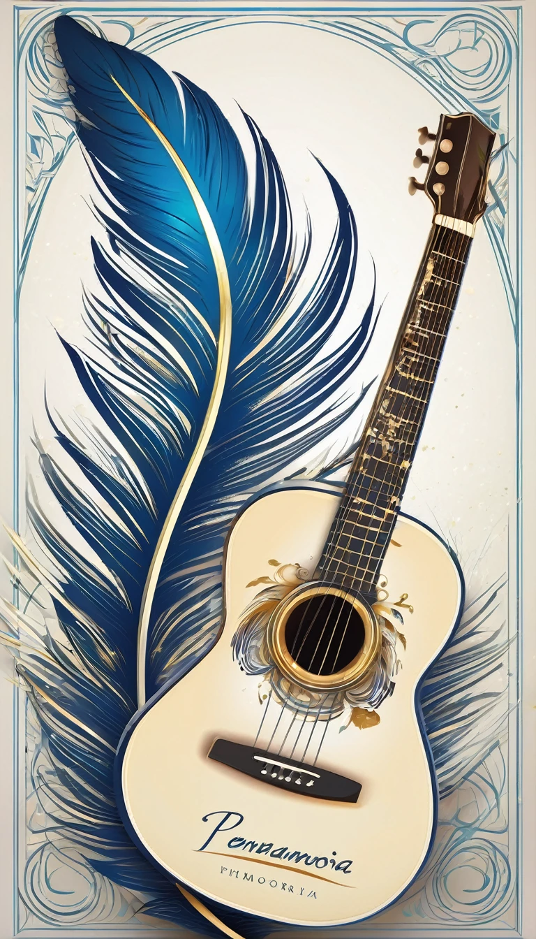 Create a flat vector, illustrative-style wordmark logo design for a storytelling and musical brand named 'Penamemoria'. The 'M' in 'Penamemoria' is transformed into a stylized feather, suggesting the brand's inspiration from fantasy birds. Use shades of blue, white and gold, evoking the imaginary and golden memories against a white background. Do not show any realistic photo detail shading. Include a boy playing acoustic guitar and a fantasy, unique feather by his side. Create a modern, logo that convey a sense of storytelling, dreaming and stories and the inspiration between a boy, with his acoustic guitar and a unique, special feather