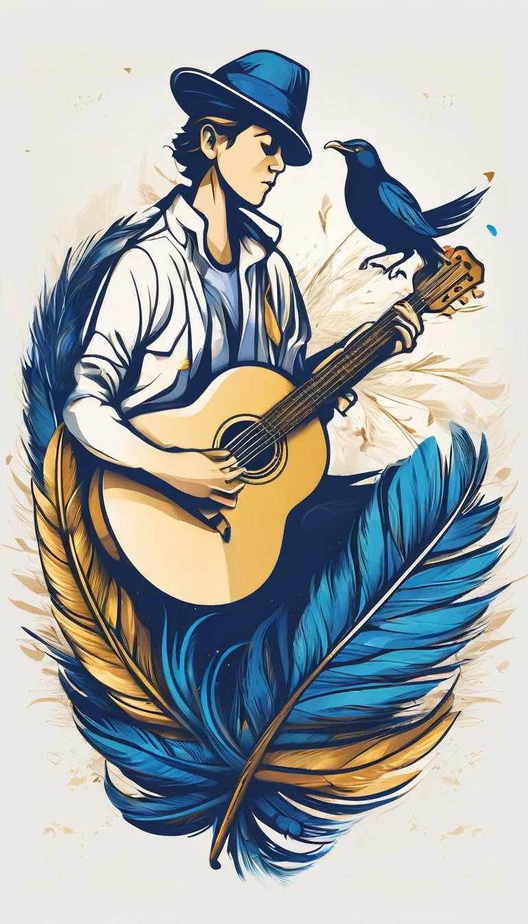 Create a flat vector, illustrative-style wordmark logo design for a storytelling and musical brand named 'Penamemoria'. The 'M' in 'Penamemoria' is transformed into a stylized feather, suggesting the brand's inspiration from fantasy birds. Use shades of blue, white and gold, evoking the imaginary and golden memories against a white background. Do not show any realistic photo detail shading. Include a boy playing acoustic guitar and a fantasy, unique feather by his side. Create a modern, logo that convey a sense of storytelling, dreaming and stories and the inspiration between a boy, with his acoustic guitar and a unique, special feather
