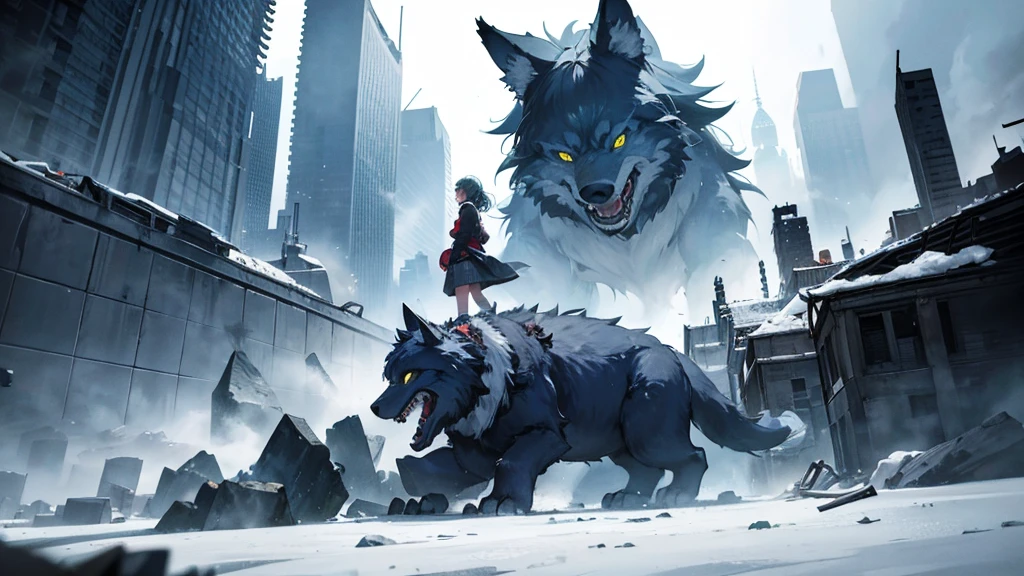 A girl with a giant wolf monster,A Broken World,Collapse,force,Big cities
