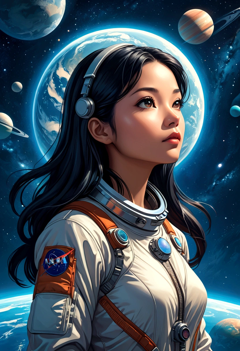 A captivating science fiction illustration featuring astronaut Sarocha Chankimha, a beautiful Asian woman with long straight hair, contemplating a distant space station amidst a starry backdrop. Surrounding the station are several planets, creating a stunning view of the mysterious space universe. The astronaut suit has a retro-futuristic design reminiscent of classic science fiction movies. The background is a blend of deep space and an underwater scene with a female diver (Rebeca P. Armstrong) swimming, highlighting the connection between the virtual and real worlds. The text "LOVE IS DEEPER THAN THE OCEAN. GREATER THAN THE UNIVERSE." is displayed in bold, futuristic typography, enhancing the theme of adventure and exploration., typography