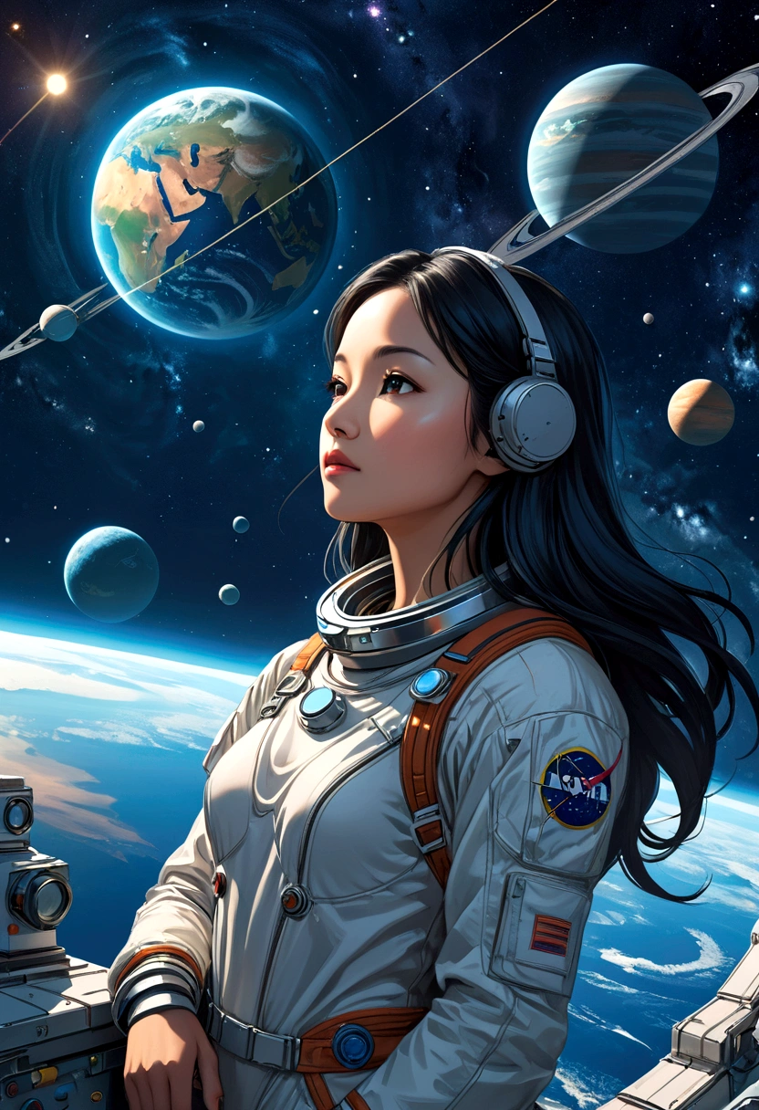 A captivating science fiction illustration featuring astronaut Sarocha Chankimha, a beautiful Asian woman with long straight hair, contemplating a distant space station amidst a starry backdrop. Surrounding the station are several planets, creating a stunning view of the mysterious space universe. The astronaut suit has a retro-futuristic design reminiscent of classic science fiction movies. The background is a blend of deep space and an underwater scene with a female diver (Rebeca P. Armstrong) swimming, highlighting the connection between the virtual and real worlds. The text "LOVE IS DEEPER THAN THE OCEAN. GREATER THAN THE UNIVERSE." is displayed in bold, futuristic typography, enhancing the theme of adventure and exploration., typography